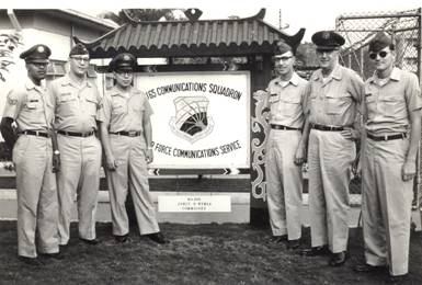 2165th Communications Squadron Photo of Personnel and Administration Office Folks outside next to 2165th Comm Sq Signage